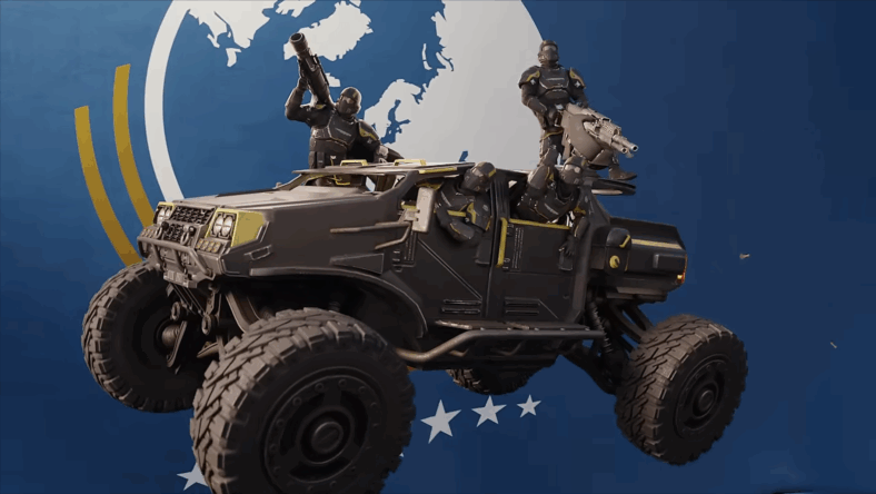 Helldivers ride an FRV, backed by Super Earth's flag in Helldivers 2 (2024), Sony Interactive Entertainment
