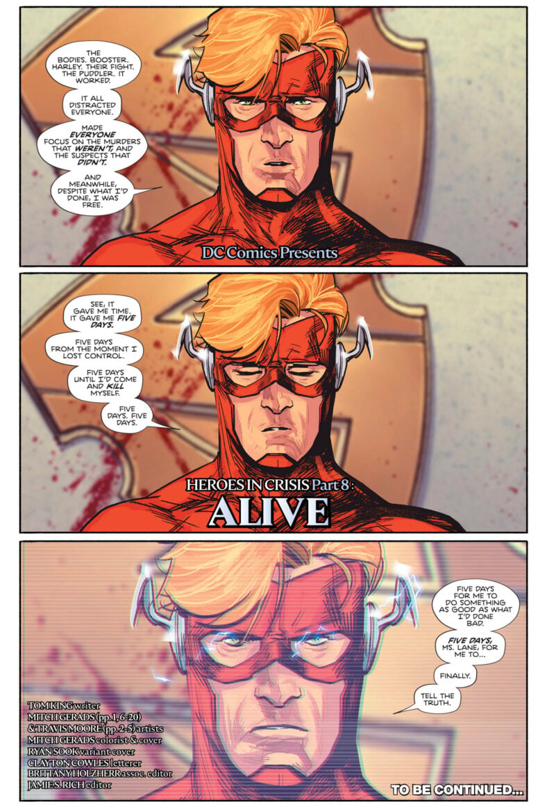 Wally West gives his confession in Heroes in Crisis Vol. 1 #8 "Alive" (2019), DC. Words by Tom King, art by Mitch Gerads, Travis Moore, and Clayton Cowles.