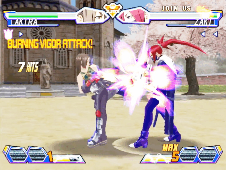 Akira (Chiharu Tezuka) unleashes a flurry of kicks against Zaki (Ai Orikasa) in Project Justice: Rival Schools 2 (2000), Capcom