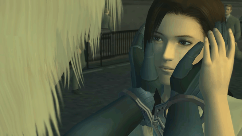 Raiden (Quinton Flynn) needs to know Rose (Lara Cody) is real in Metal Gear Solid 2: Sons of the Liberty (2001), Konami