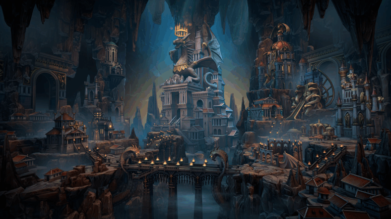 The Dungeon faction city in all its dark glory in Heroes of Might and Magic: Olden Era (2026), Ubisoft