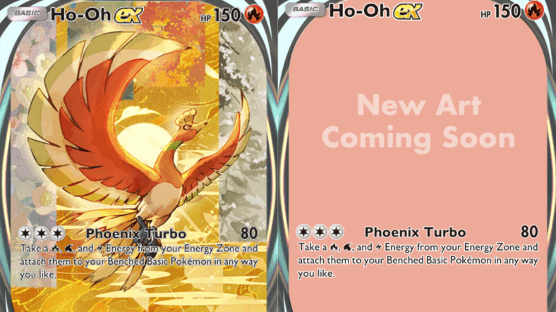 Ho-Oh takes to the skies via Ho-Oh EX (Card #240), Pokémon Trading Card Game Pocket Wisdom of Sea and Sky (2025), Nintendo. Art by SIE NANAHARA. / The temporary placeholder artwork for Ho-Oh EX (Card #240), Pokémon Trading Card Game Pocket - Wisdom of Sea and Sky (2025), Nintendo
