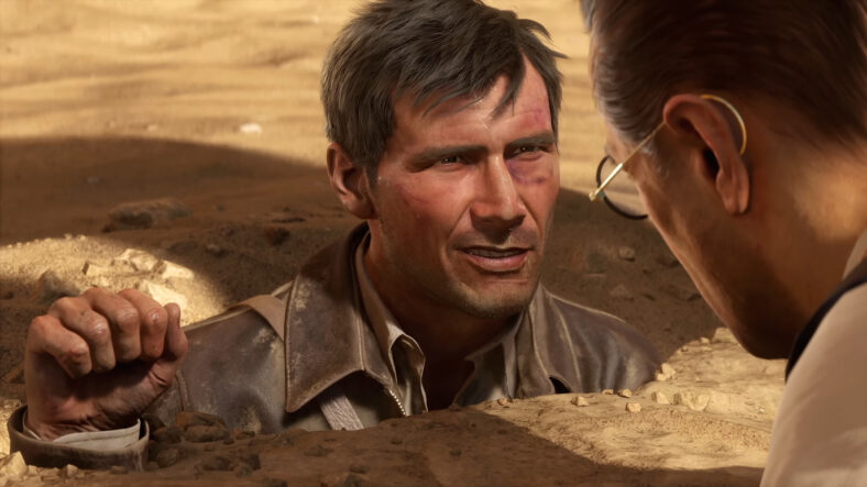 Indiana Jones (Harrison Ford, Troy Baker) face to face with Emmerich Voss (Marios Gavrilis) in Indiana Jones and the Great Circle (2024), Bethesda Softworks.