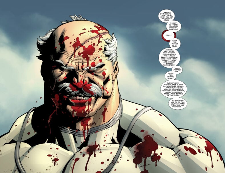 Conquest has a message for Mark Grayson in Invincible Vol. 1 #63 "Invincible War: Aftermath Conquest Part Three" (2009), Image Comics. Words by Robert Kirkman, art by Ryan Ottley, Cliff Rathburn, and RUs Wooton.