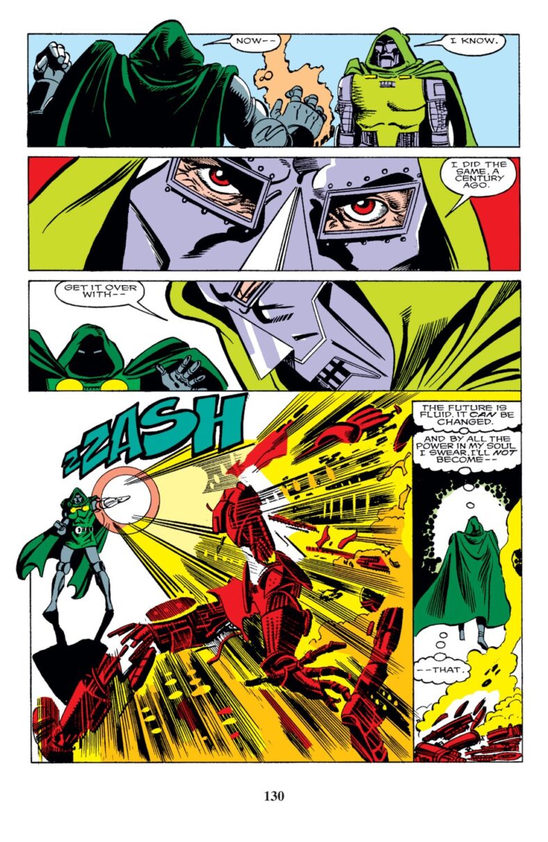 Doctor Doom knows exactly what has to be done with his future self in Iron Man Vol.1 Issue #250 "Recurring Nightmare" (1989), Marvel Comics. Words by David Michelinie and Bob Layton. Art by Bob Layton and Paul Becton.