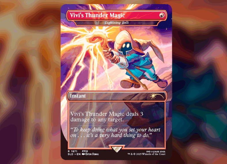 Vivi Ornitier unleashes Thundaga via Vivi's Thunder Magic (Card #1871), Magic: The Gathering - Secret Lair x Final Fantasy: Grimoire (2025), Wizards of the Coast. Art by Toni Infante.