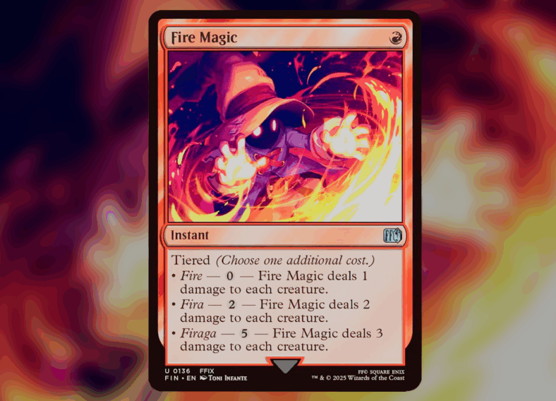 Vivi Ornitier commands Firaga via Fire Magic (Card #136), Magic: The Gathering - Final Fantasy (2025), Wizards of the Coast. Art by Toni Infante.