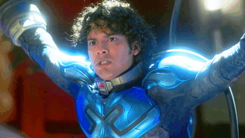 Jamie Reyes (Xolo Maridueña) finds himself at the mercy of Victoria Kord (Susan Sarandon) in Blue Beetle (2023), DC Studios