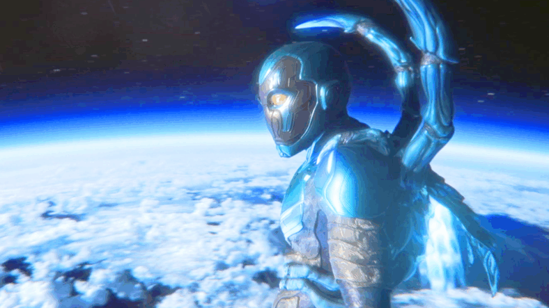 Jamie Reyes (Xolo Maridueña) gets an angelic look at Earth in Blue Beetle (2023), DC Studios