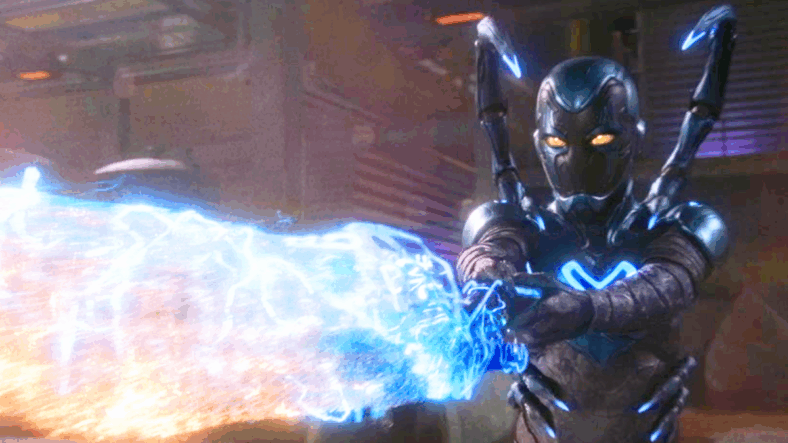 Jamie Reyes (Xolo Maridueña) strikes the 'Obari Pose' in Blue Beetle (2023), DC Studios