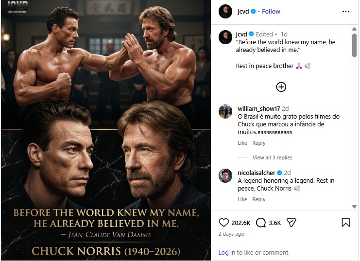 Jean-Claude Van Damme tribute to Chuck Norris Via @jcvd 2026, Instagram