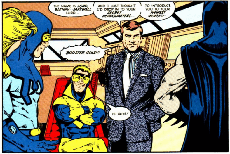 Maxwell Lord introduces the team to their newest member, Booster Gold, in Justice League Vol. 1 #3 "Meltdown" (1987), DC. Words by Keith Giffen and J.M. DeMatteis, art by Kevin Maguire, Al Gordon, Gene D'Angelo, and Bob Lappan.