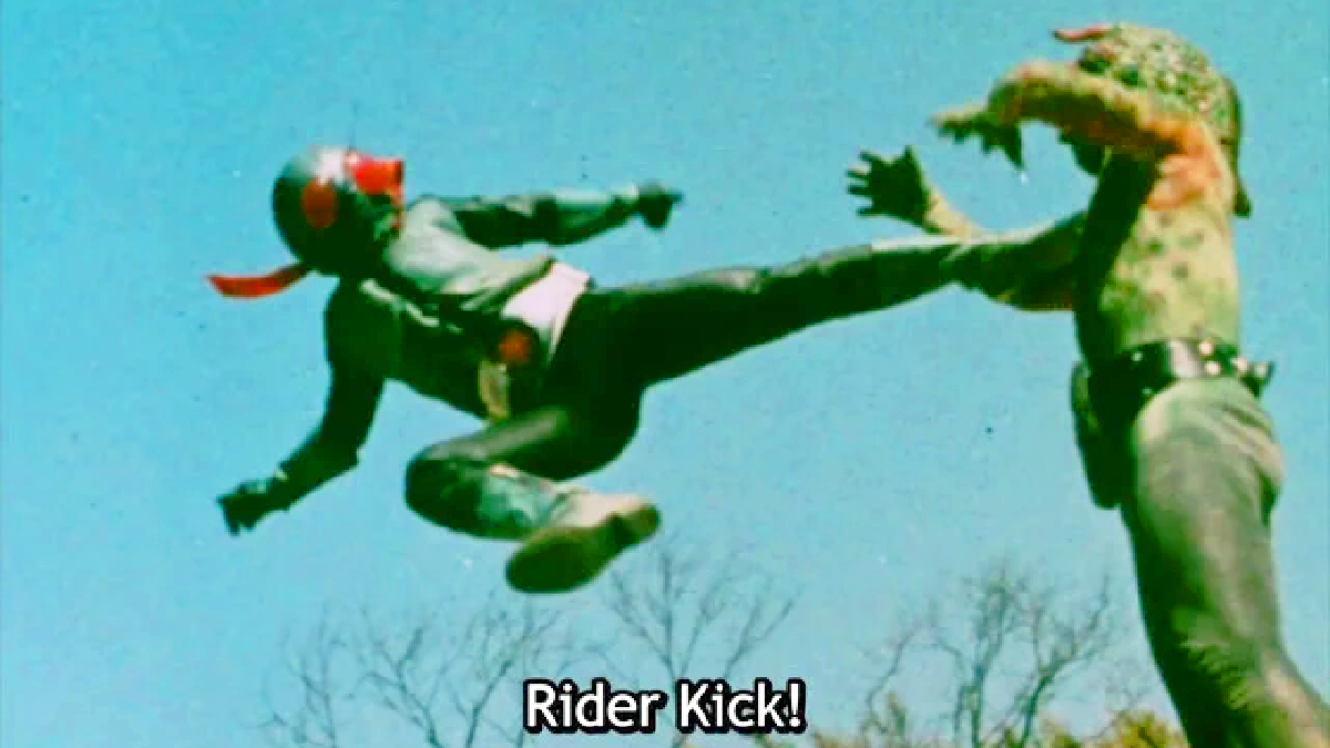 Rider-1 (Hiroshi Fujioka) unleashes the first instance of his signature move in Kamen Rider Episode 7 "Duel With Grim Reaper Chameleon! World Fair Impression" (1971), Toei
