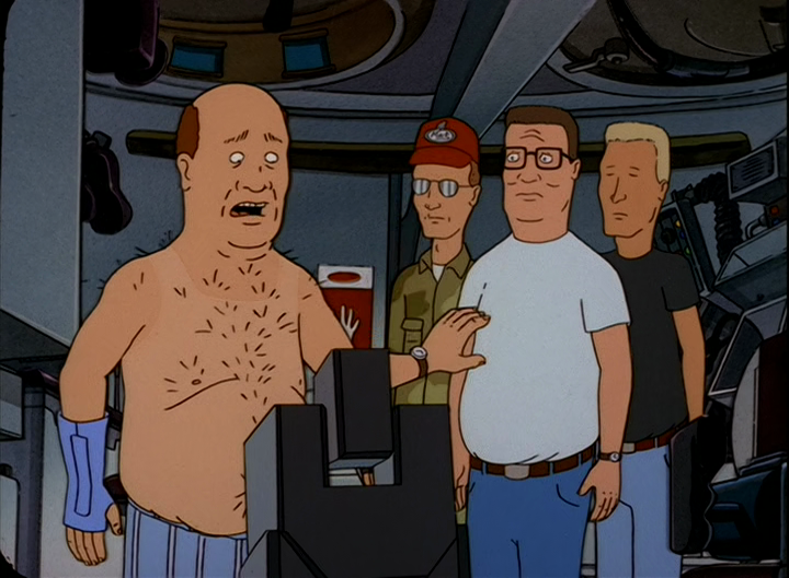 Dale (Johnny Hardwick), Boomhauer (Mike Judge), Hank (Mike Judge) look to Bill (Stephen Root) for helping escaping an active millitary training zone in King of the Hill Season 6 Episode 13 "Tankin' It to the Streets" (1997), Disney/Hulu
