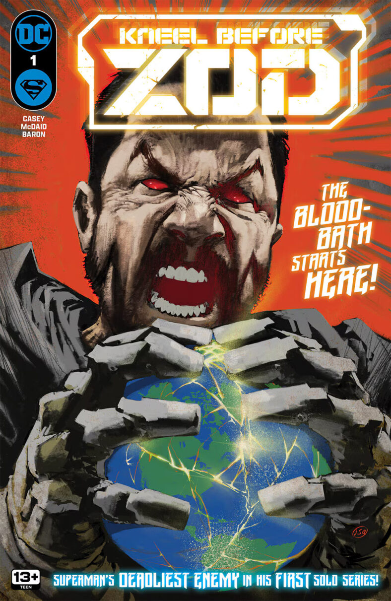 An angry General Zod with red eyes, squeezing the globe in his hands on Jason Shawn Alexander's cover to Kneel Before Zod Vol.1 Issue #1 "Chapter One: Crack in the Facade" (2024), DC Comics