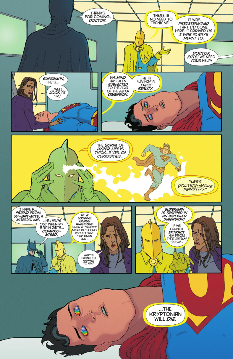 Doctor Fate cuts through the veil to see the Fifth Dimensional source of Superman's troubles in Superman: The Kryptonite Spectrum Vol. 1 #4 (2025), DC. Words by W. Maxwell Prince, art by Martín Morazzo, Chris O'Halloran, and Good Old Neon.