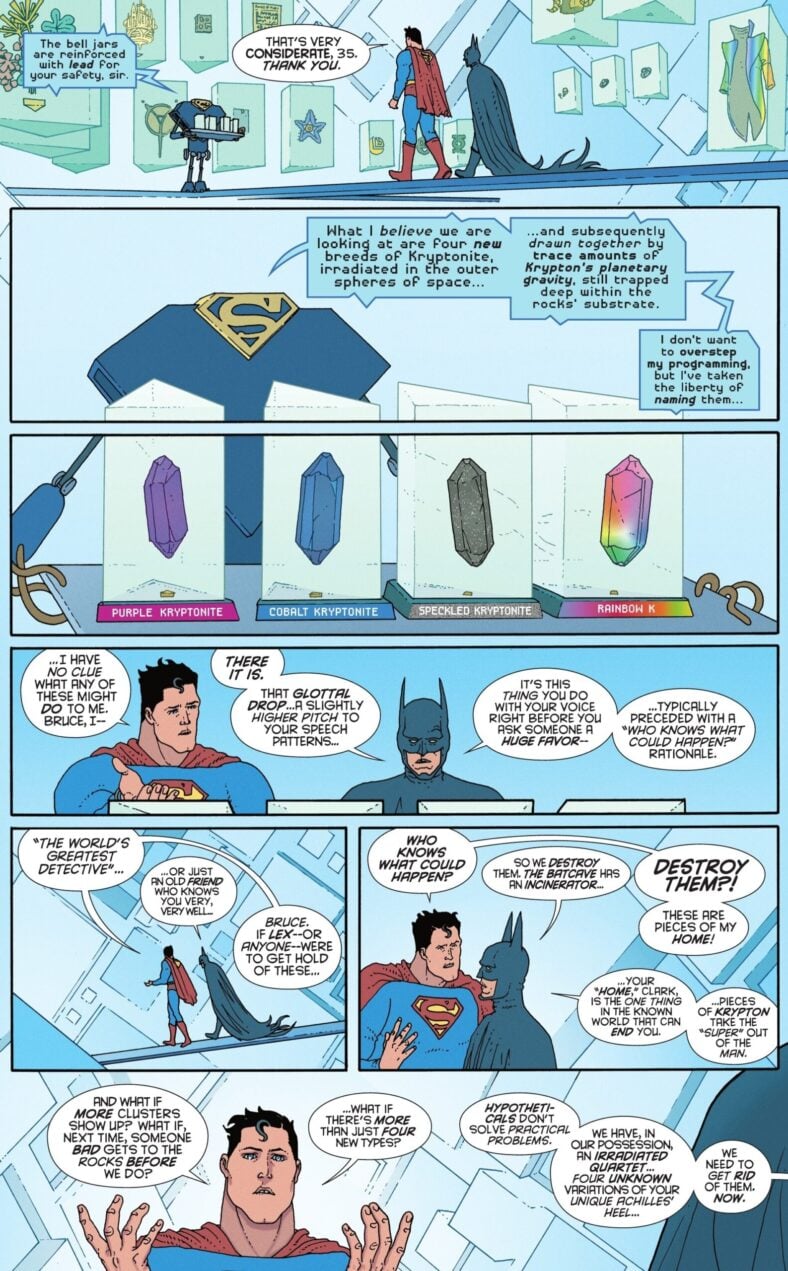 The World's Finest review the newest variants of Kryptonite in Superman: The Kryptonite Spectrum Vol. 1 #4 (2025), DC. Words by W. Maxwell Prince, art by Martín Morazzo, Chris O'Halloran, and Good Old Neon.