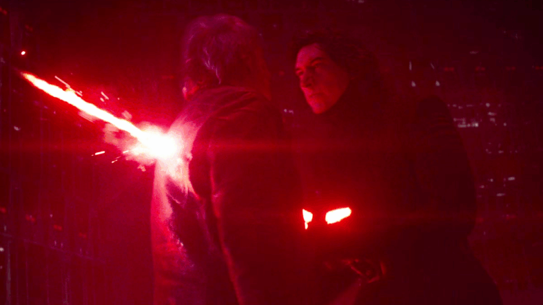 Kylo Ren (Adam Driver) drives both a figurative and literal blade through Han Solo's chest in Star Wars - Episode VII: The Force Awakens (2015), Disney