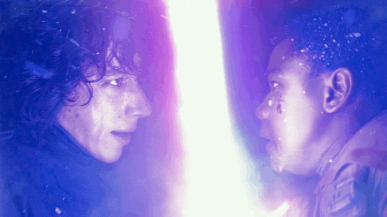 Kylo Ren (Adam Driver) clashes with Finn (John Boyega) in Star Wars Episode VII - The Force Awakens (2015), Lucasfilm
