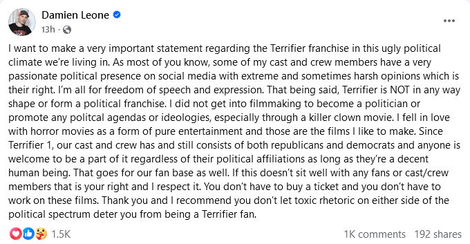 'Terrifier' franchise director Damien Leone weighs in on the discourse surrounding lead actor David Howard Thornton's political social media presence.