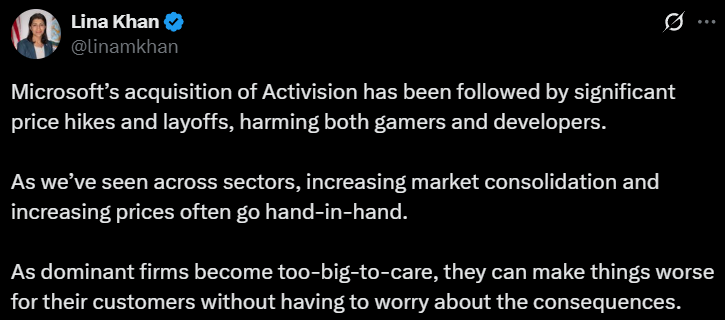 Lina Khan bemoans the state of Microsoft after acquiring Activision Blizzard on X