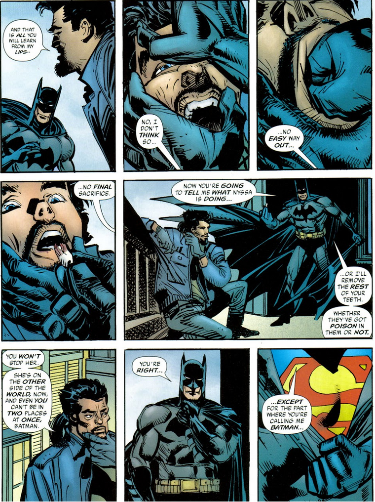 Superman prevents one of Nyssa al Ghul's assassin from evading questioning in Batman: Death and the Maidens Vol. 1 #9 (2003), DC. Words by Greg Rucka, art by Klaus Janson, Steve Buccellato, and Clem Robins.