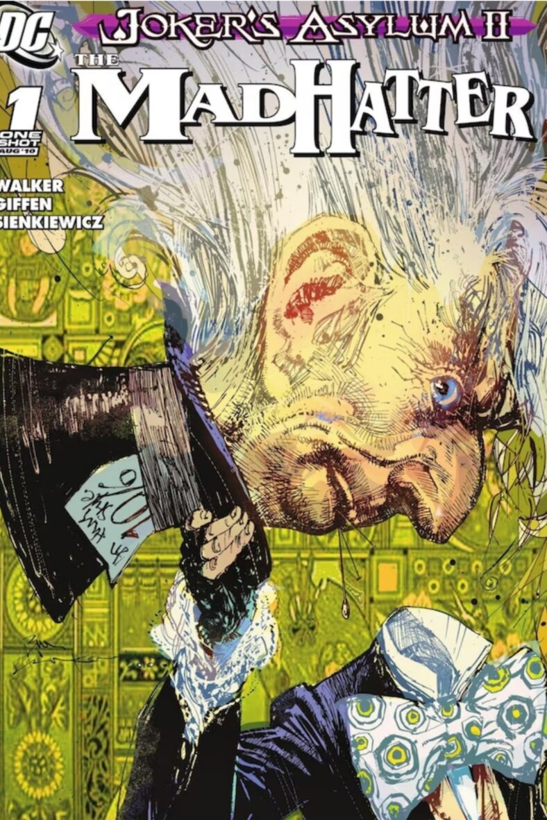The titular character lifting his own severed head on Keith Giffen and Bill Sienkiewicz's cover to The Joker's Asylum: Mad Hatter Vol.1 Issue #1 "Tea Time" (2010), DC Comics