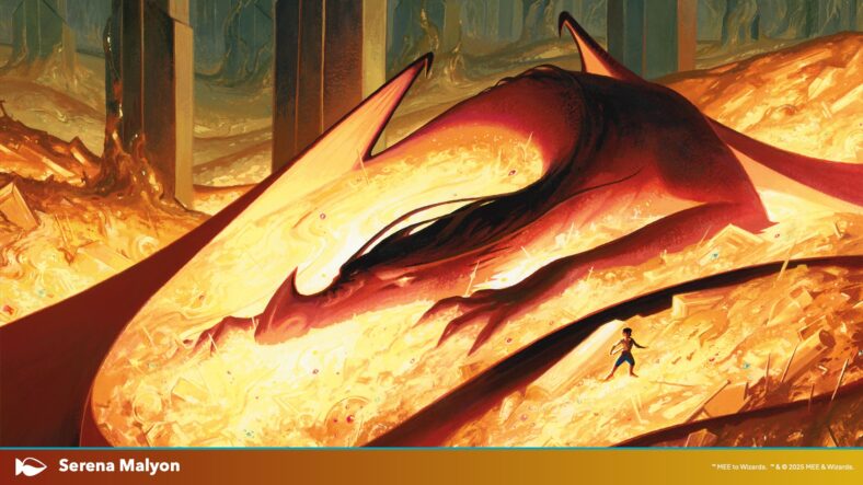 Smaug guards his hordes via Magic the Gathering - The Hobbit (2026), Wizards of the Coast. Art by Serena Malyon.
