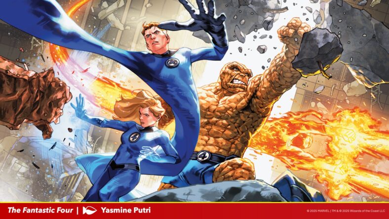 Marvel's First Family leaps into action via The Fantastic Four (Card #TBA), Magic: The Gathering - Marvel Super Heroes (2026), Wizards of the Coast. Art by Yasmine Putri.