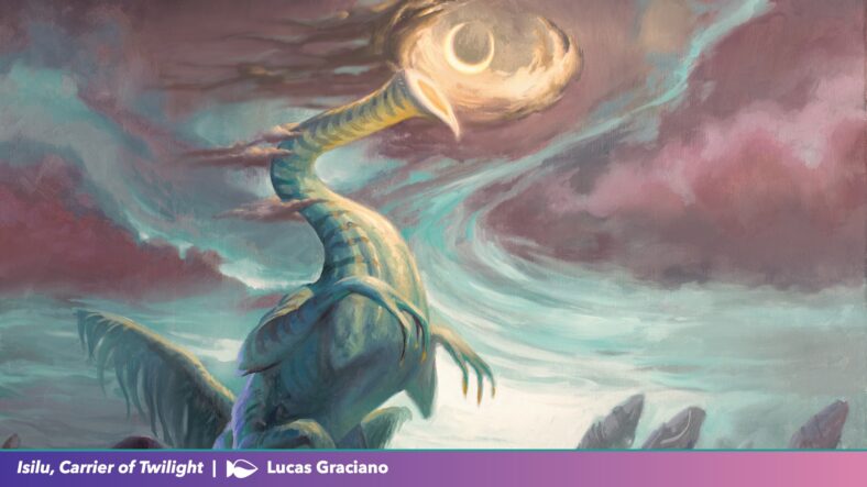 Shadowmoor's Moon finds itself enveloped by darkness via Isilu, Carrier of Twilight (Card #TBA), Magic: The Gathering - Lorwyn Eclipsed (2026), Wizards of the Coast. Art by Lucas Graciano.