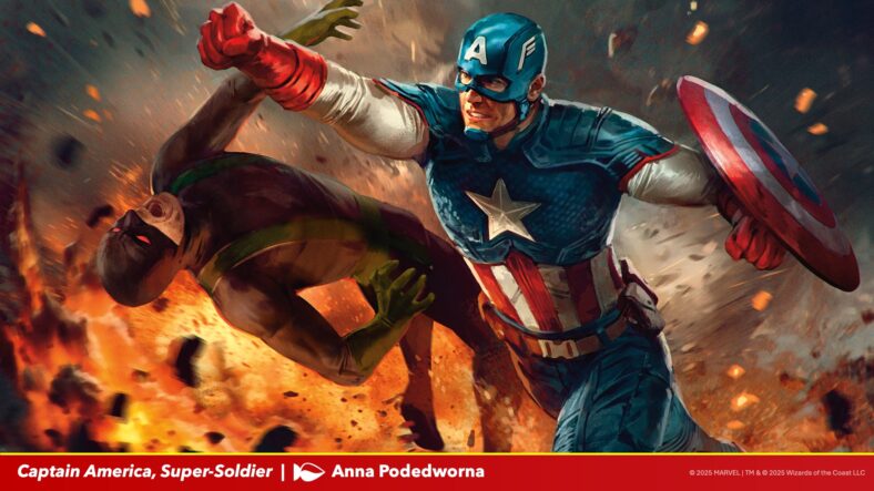Steve Rogers makes quick work of a Hydra goon via Captain America, Super-Solider (Card #TBA), Magic: The Gathering - Marvel Super Heroes (2026), Wizards of the Coast. Art by Anna Podedworna.