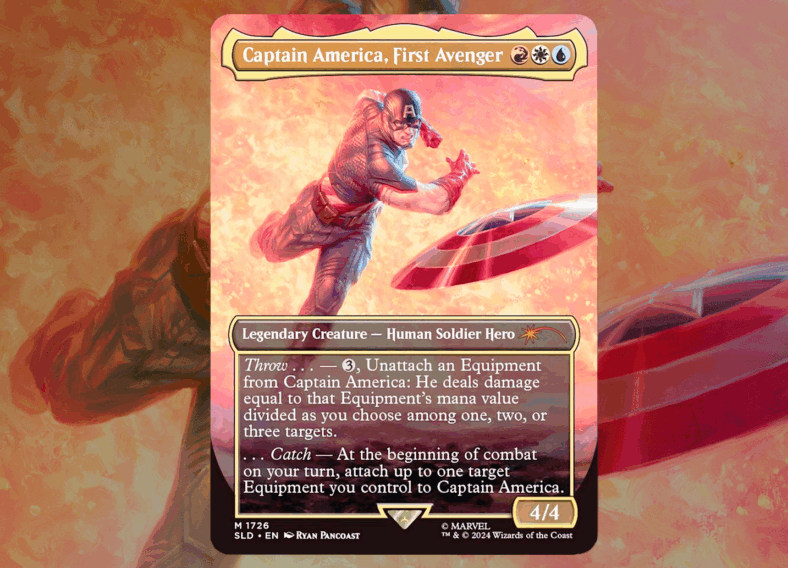 Captain America unleashes the Stars and Stripes via Magic: The Gathering - Secret Lair Drop - Marvel's Captain America (2024), Wizards of the Coast. Art by Ryan Pancoast.