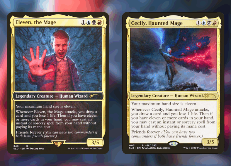 Hawkins National Laboratory's chickens come home to roost via Eleven, the Mage (Card #343), Magic: The Gathering - Secret Lair Drop - Stranger Things (2021), Wizards of the Coast. Art by Pauline Voss. / The powers of Izzet are unleashed via Cecily, Haunted Mage (Card #003), Magic: The Gathering - Universes Within (2022), Wizards of the Coast. Art by Anastasia Balakchina. 