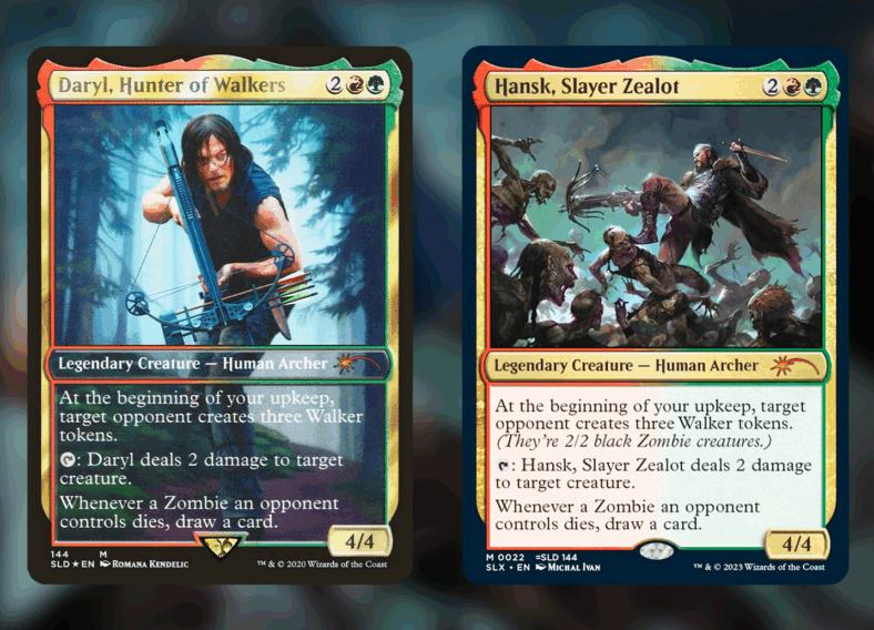 The world's remaining survivors have defender via Daryl, Hunter of Walkers (Card #144), Magic: The Gathering Secret Lair Drop - The Walking Dead (2020), Wizards of the Coast. Art by Romana Kendelic. / The undead hordes of Innistrad are no match for a crossbow bolt via Hansk, Slayer Zealot (Card #022), Magic: The Gathering - Universes Within (2022), Wizards of the Coast. Art by Michal Ivan.