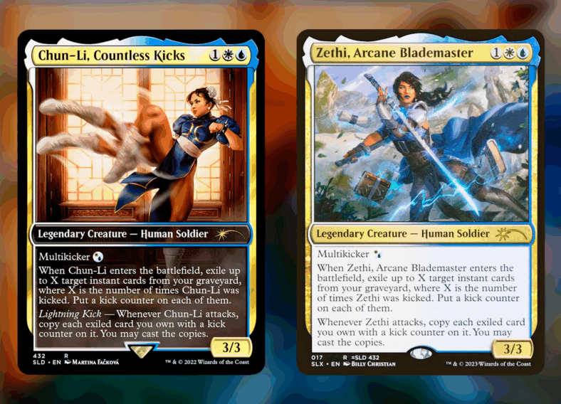 The Martial Arts master unleashes her 
Hyakuretsukyaku via Chun-Li, Countless Kicks (Card #432), Magic: The Gathering Secret Lair Drop - Street Fighter (2022), Wizards of the Coast. Art by Martina Fačková. / Dominara's legendary arcane warrior unleashes her lightning via Zethi, Arcane Blademaster (Card #017), Magic: The Gathering - Universes Within (2023), Wizards of the Coast. Art by Billy Christian.