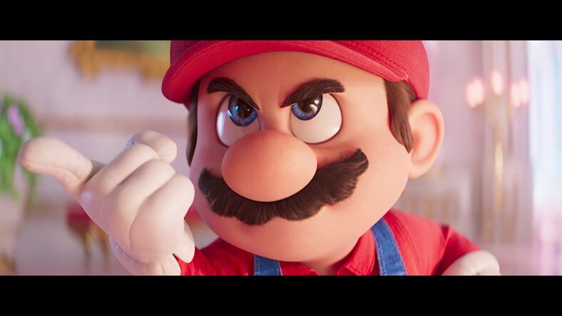 Mario (Chris Pratt) demands Princess Peach (Anya Taylor-Joy) help him find his brother Luigi (Charlie Day) in The Super Mario Bros. Movie (2023), Illumination Entertainment