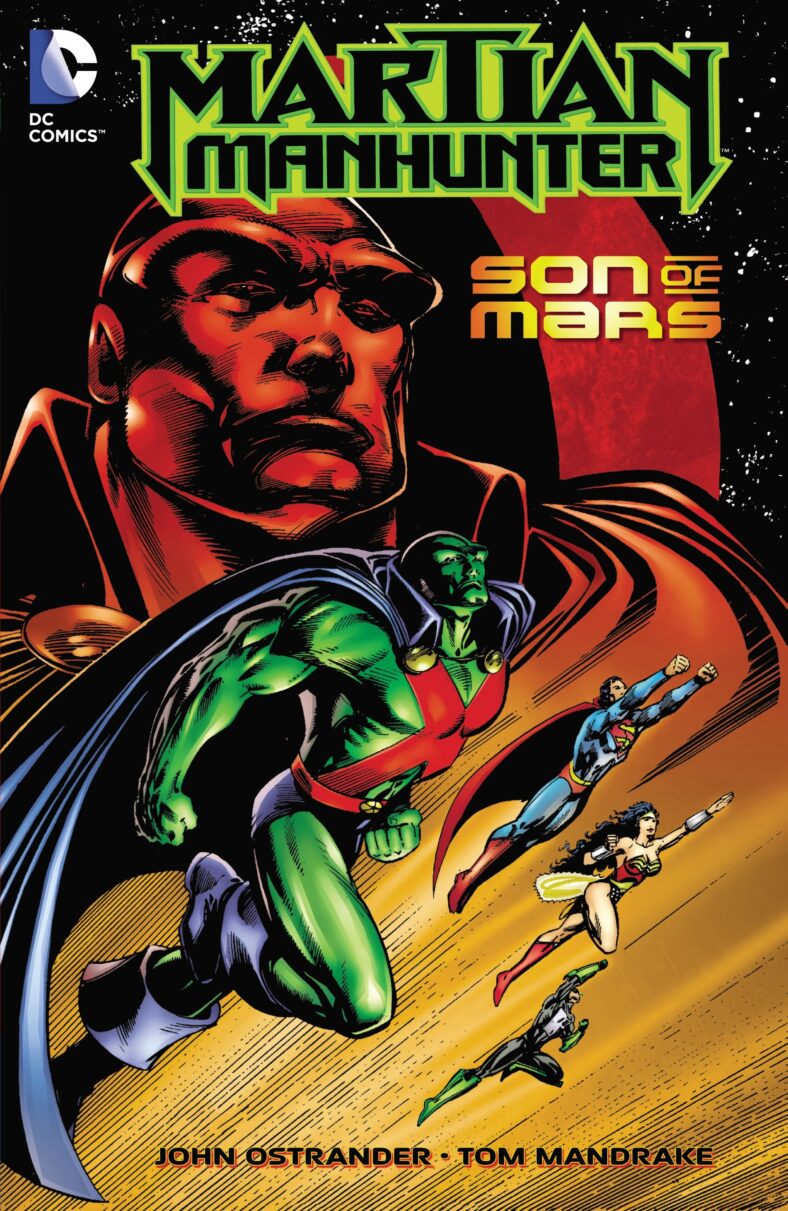 Martian Manhunter, Superman, Wonder Woman, and Green Lantern fly into action on Tom Mandrake's cover to Martian Manhunter Vol.2 Issue #0 "Pilgrimage" (2014), DC Comics