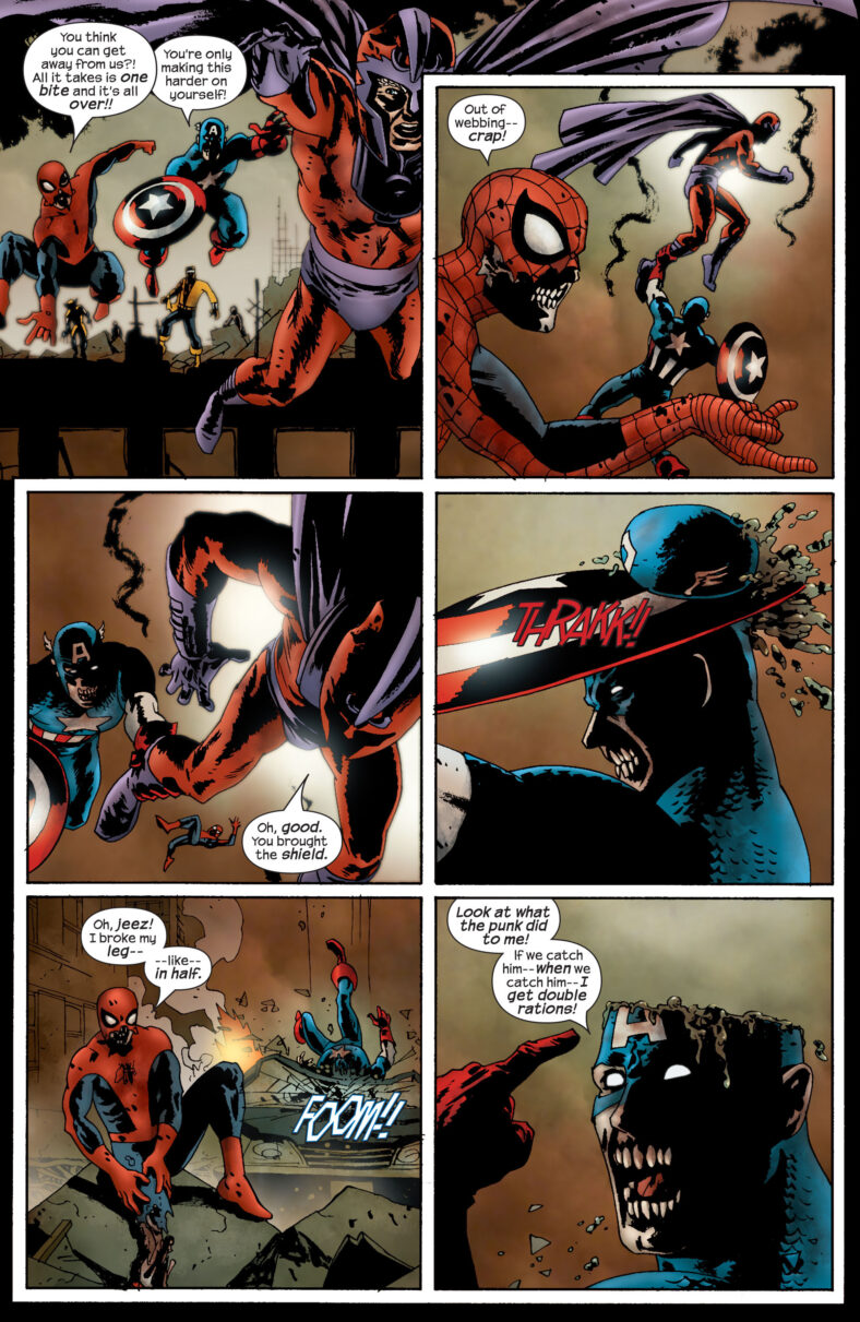 Magneto makes a last ditch attempt to escape the undead versions of Spider-Man and Captain America in Marvel Zombies Vol.1 #1 (2006), Marvel Comics. Words by Robert Kirkman, art by Sean Phillips, June Chung, and Randy Gentile.