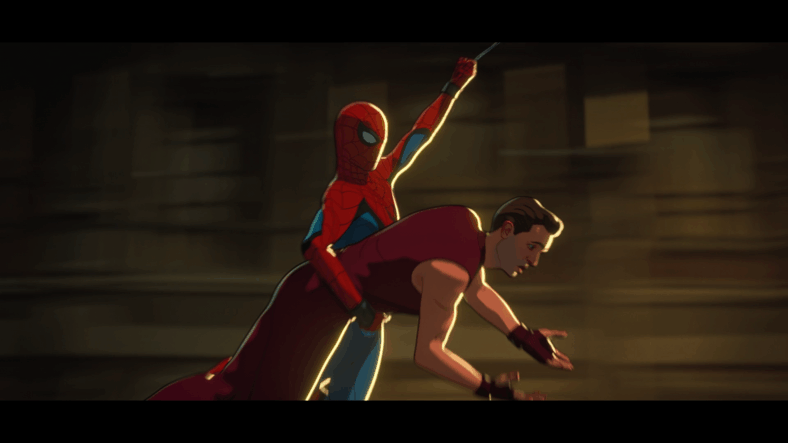 Spider-Man (HJudson Thames) saves Bruce Banner (Mark Ruffalo) from an undead crowd in What If...? Season 1 Episode 5 "What If...Zombies?" (2021), Marvel Entertainment
