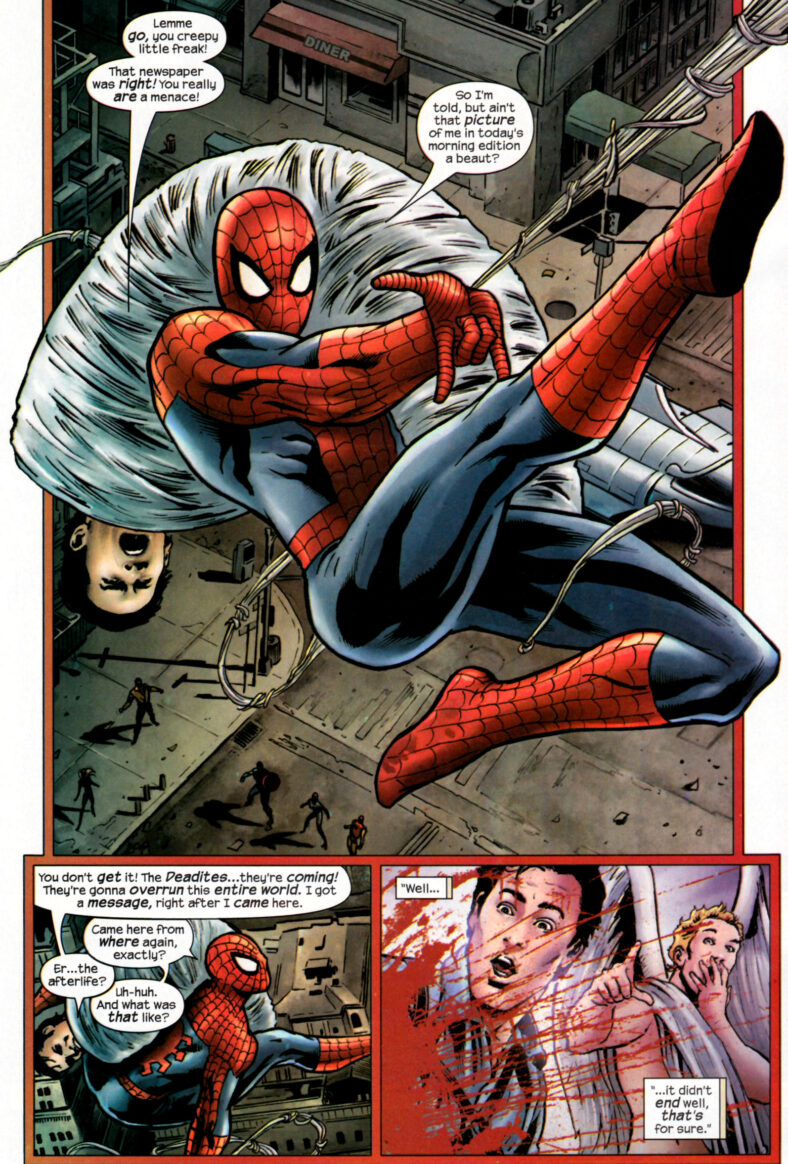 Spider-Man (HJudson Thames) saves Ash Williams from an undead crowd in Marvel Zombies/Army of Darkness Vol. 1 #1 "Earth's Mightiest Zero" (200&0, Marvel Comics. Words by John Layman, art by Fabiano Neves, June Chung, and Randy Gentile.
