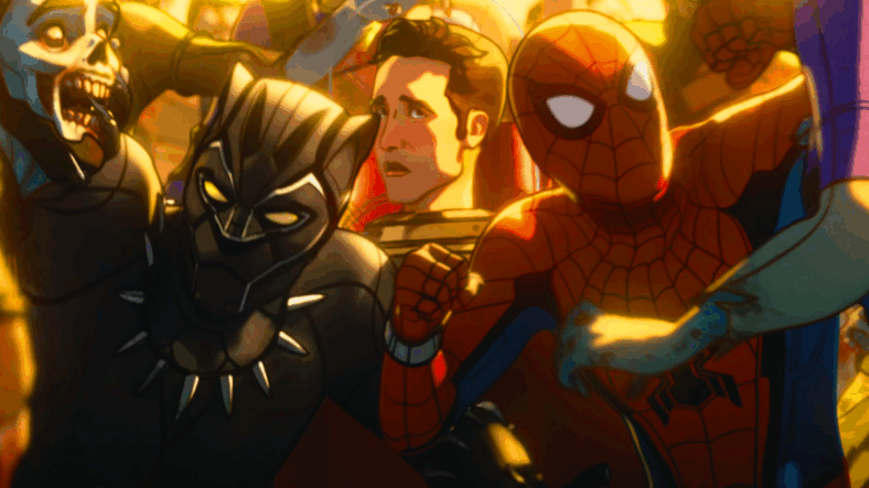 Black Panther (N/A), Ant-Man (Paul Rudd), and Spider-Man (Hudson Thames) find themselves on the losing end of an undead horde in Marvel Zombies Season 1 Episode 3 (2025), Marvel Entertainment