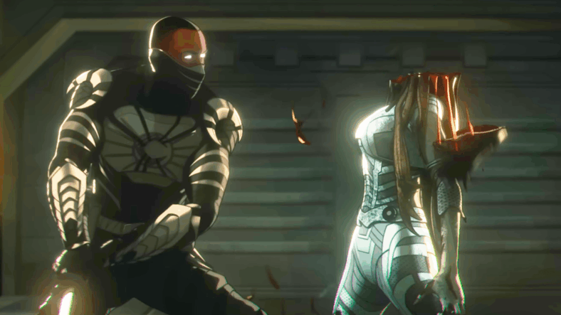 Blade (Todd Williams) makes sure Ghost (N/A) lives up to her name in Marvel Zombies (2025), Marvel Entertainment / Disney Plus