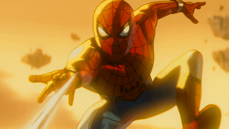 Spider-Man (Hudson Thames) leaps into the fray against the undead Thanos (N/A) in Marvel Zombies Season 1 Episode 3 (2025), Marvel Entertainment