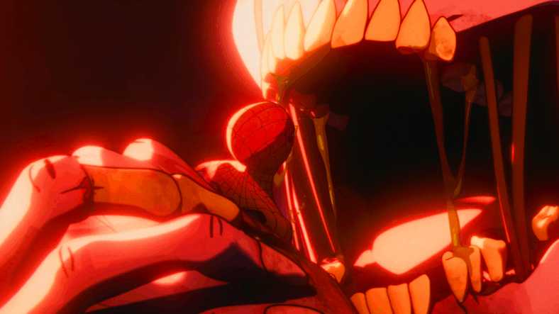 Spider-Man (Hudson Thames) finds himself facing the Wasp's (N/A) gnashing maw in Marvel Zombies Season 1 Episode 3 (2025), Marvel Entertainment