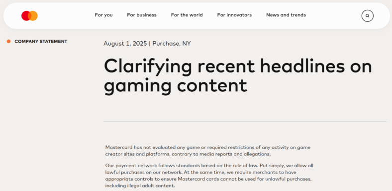 Clarifying recent headlines on gaming content, on Mastercard.com