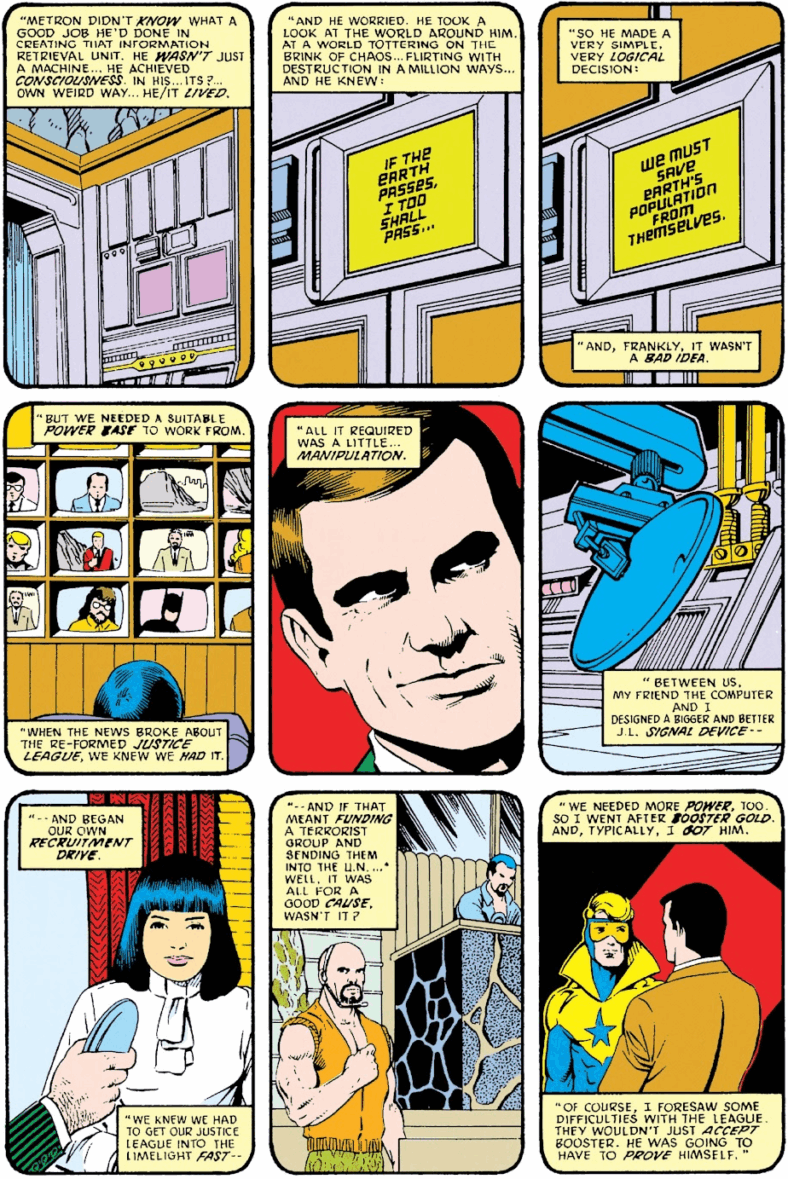 Maxwell Lord remembers his manipulation by Kilg%re in Justice League International Vol. 1 #12 "Who Is Maxwell Lord?" (1988), DC. Words by Keith Giffen and J.M. DeMatteis, art by Kevin Maguire, Al Gordon, Gene D'Angelo, and Bob Lappan.