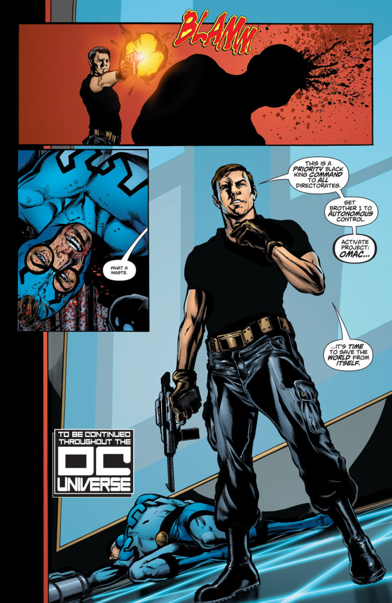 Maxwell Lord silences Blue Beetle in Countdown to Infinite Crisis Vol. 1 #1 (2005), DC. Words by Geoff Johns, Greg Rucka, and Judd Winnick, art by Ed Benes, Phil Jimiez, Rags Morales, Ivan Reis, Jesús Saíz, Micahel Bair, and Moose Baumann.