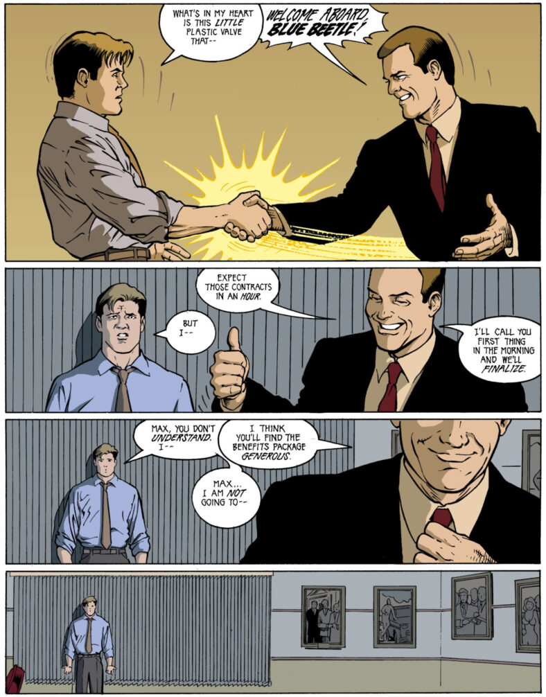 Maxwell Lord forcibly recruits Blue Beetle into his new 'Super Buddies' endeavor in Formerly Known as the Justice League Vol. 1 #1 "A[nother] New Beginning" (2003), DC. Words by Keith Giffen and J.M. DeMatteis, art by Kevin Maguire, Joe Rubinstein, Lee Loughridge, and Bob Lappan.