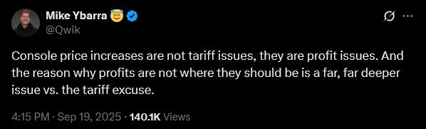 Former Blizzard President Mike Ybarra slams Microsoft for blaming their recent Xbox price increases on tariffs.
