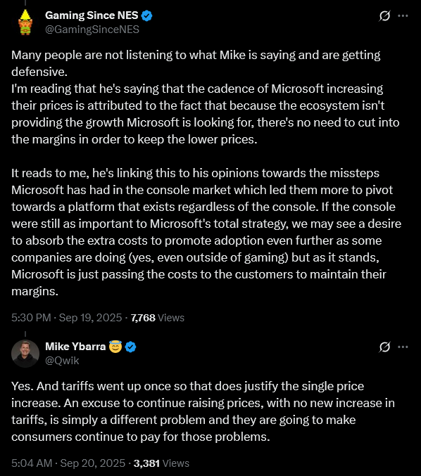 Former Blizzard President Mike Ybarra slams Microsoft for blaming their recent Xbox price increases on tariffs.